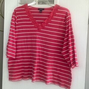 Chaps Pink and White Striped 3/4 Sleeve Top with Lace Detail